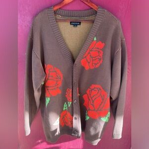 PacSun Brown Rose-Print V-Neck Button Cardigan Sweater